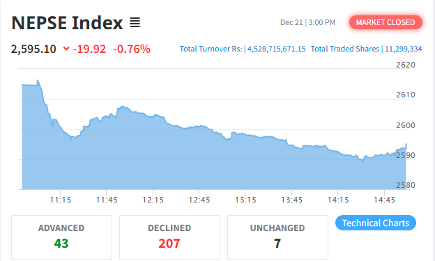 शेयर बजारमा १९.९२ अंकले गिरावट